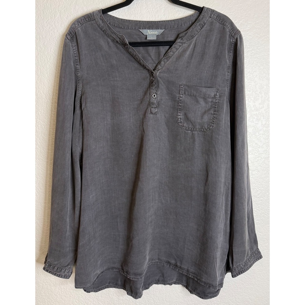 Natural Reflections Womens XL Gray Blouse Top Henley Long Sleeve Preppy Chic